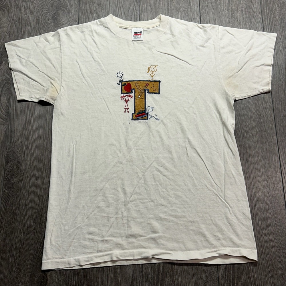 Vintage Teacher T-Shirt Mens Large White Embroidered School Graphic Anvil Tee